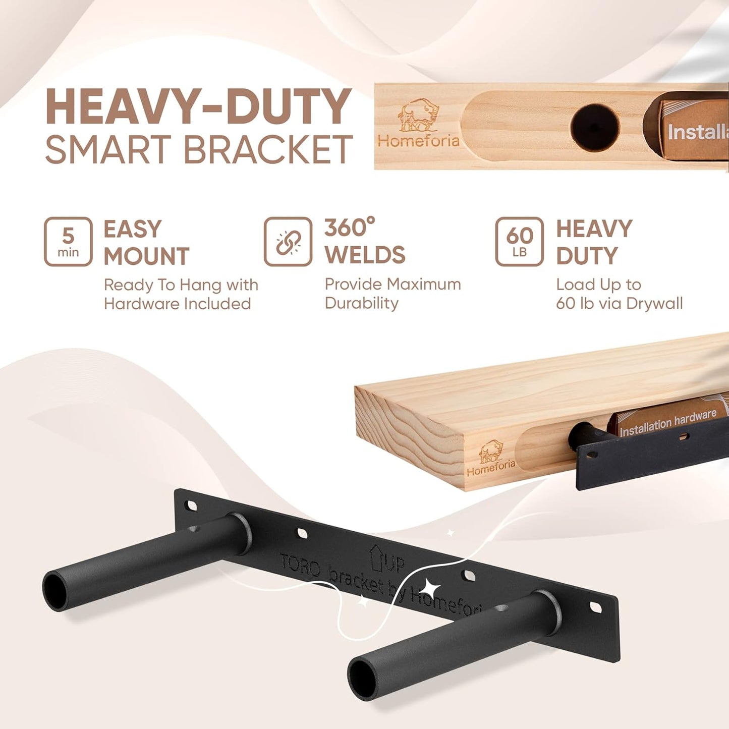 Homeforia Wood Floating Shelf 16 inch, High End Solid Natural Wood 16inch Floating Shelves for Wall Mounted, Unfinished Wooden Small Floating Shelves, Heavy Duty Bracket, 16 X 6.5 X 1.75 in, Set of 2