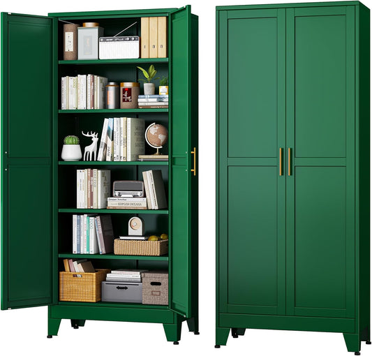 Green Metal Storage Cabinet,75" Steel Cabinets for Home Office, Kitchen Pantry Storage Cabinet with Doors and 5 Adjustable Shelves, Tool Cabinets, for Office, Home, Garage, School