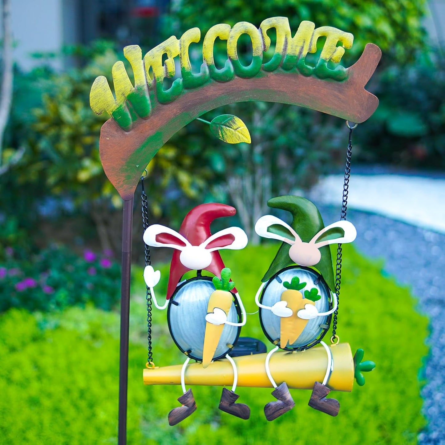 HONGLAND Solar Lights Outdoor Decor, Gnomes Swing Garden Decor, Funny Gardening Gifts for Women Mom, Gnome Outdoor Decorations with Welcome Sign for Front Porch Patio