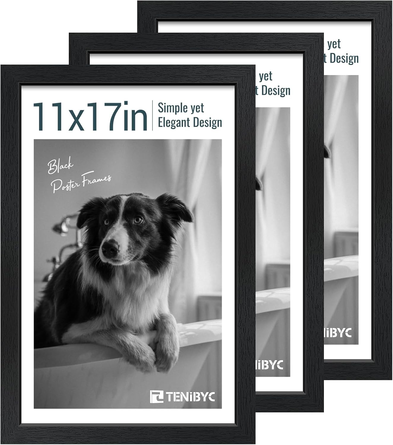 11x17 Picture Frame 3 Pack - Black Woodgrain, Solid Wood & HD Tempered Glass, Wall Gallery Poster Frame