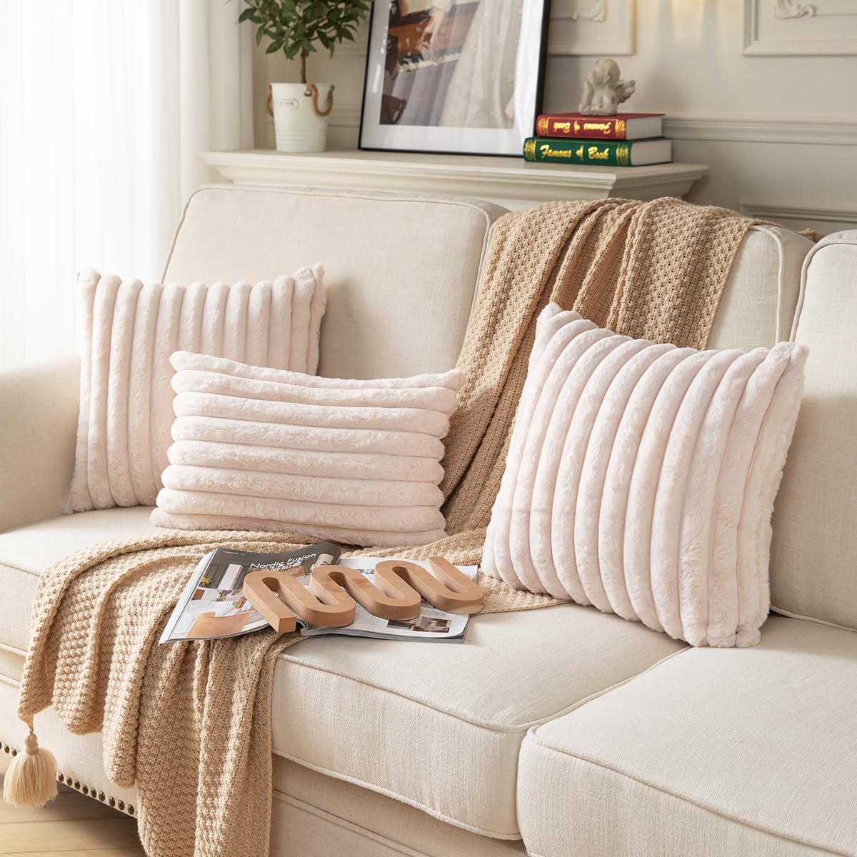 DEELAND Pack of 2,Double-Sided Faux Fur Plush Decorative Throw Pillow Covers Fuzzy Striped Soft Pillowcase Cushion Covers for Sofa Couch Bedroom Beige 18x18 inch