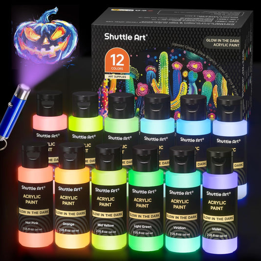 Shuttle Art Glow in the Dark Paint, 12 Colors with UV Light, 2oz/60ml Bottles, Ideal for Art Painting and Crafts, Great for Artists, Beginners on Rocks, Wood, Canvas, Fabric, and Halloween Decorations