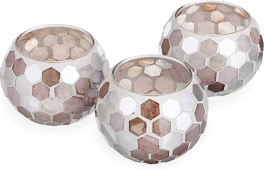 OwnMy Set of 3 Mosaic Glass Tea Light Holders Round Bowl Votive Candle Holders Pillar Candle Stands, Glass Mosaic Tealight Holders Potted Plant Bowl Vase Candle Centerpiece for Dining Table Wedding