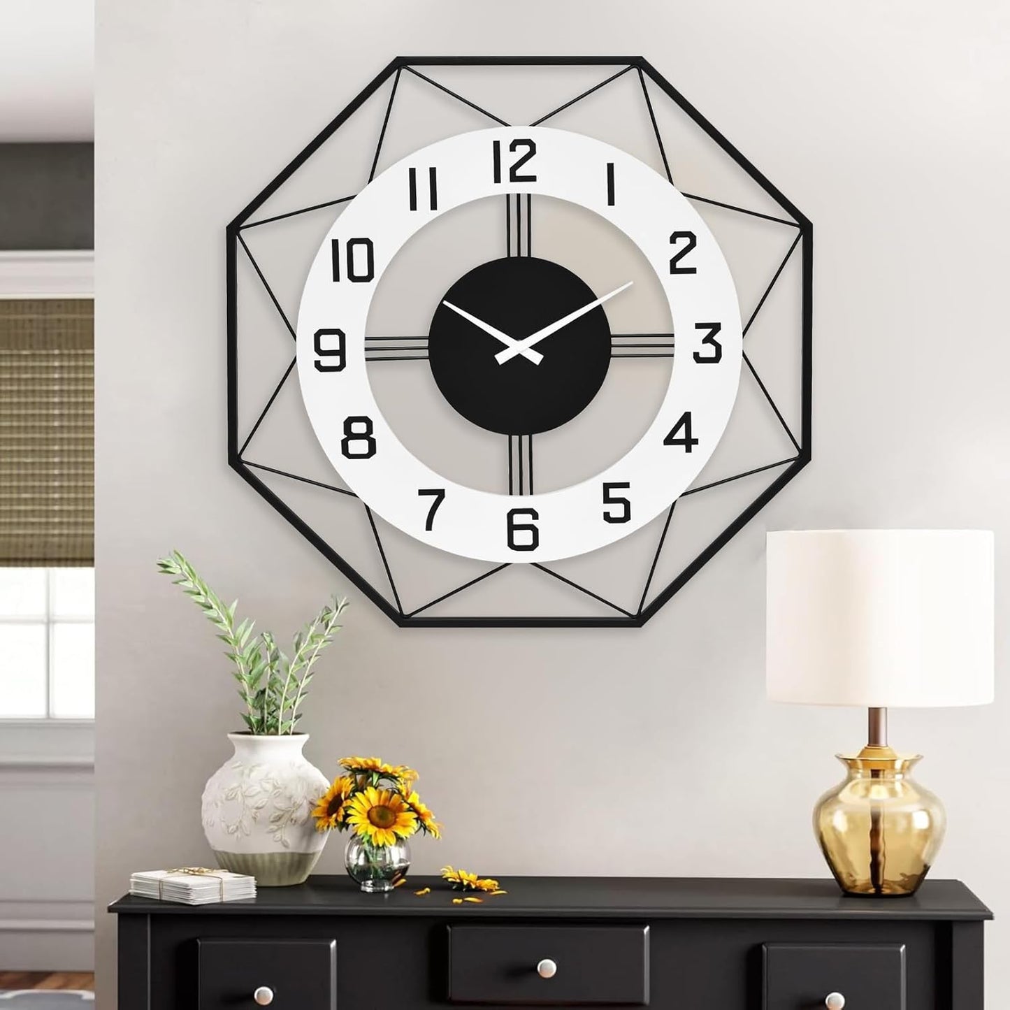 Modern Look Wall Clock – Large Decorative Silent Clock for Living Room Decor, 24 Inch Geometric Design with Numbers Huge Clock