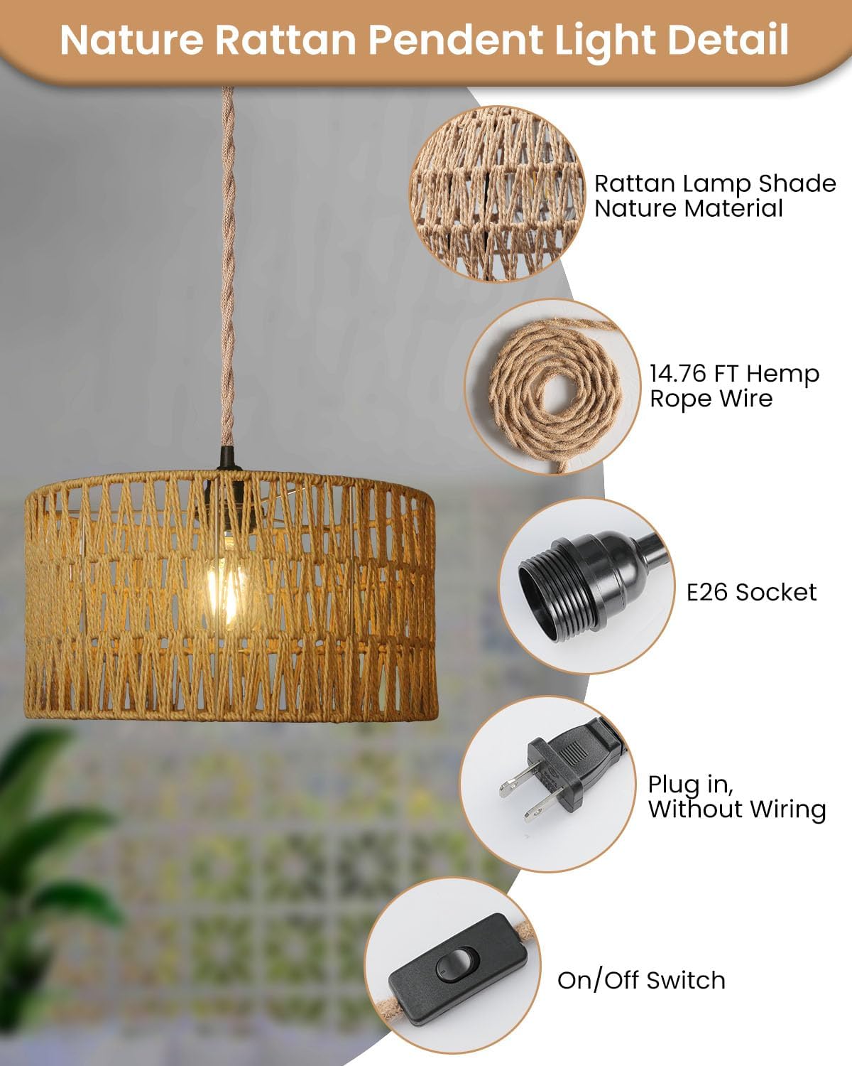 12.6 Inch Boho Hanging Light with Plug in Cord Rattan Hanging Lamp Hand Woven Rattan Wall Lightfor Bedroom, Living Room, Kitchen, Nursery, E26 Base, Indoor,Without Bulb