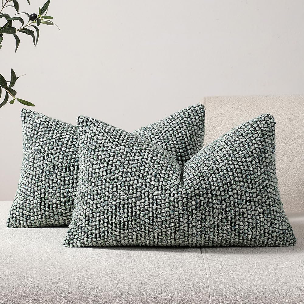 DEZENE Striped Throw Pillow Covers 12x20 Set of 2 Green Textured Polyester Chic Morden Boho Accent Farmhouse Rectangular Lumbar Decorative Couch Pillow Covers for Home Decor Bed Sofa Living Room