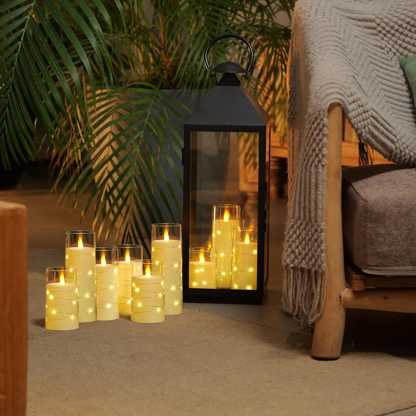 Homemory 9 Pcs Flameless Candles with Embedded Star String Fairy Lights, Battery Operated Candles, LED Candle, Fake Candles with Remote Control and Timer (Ivory)