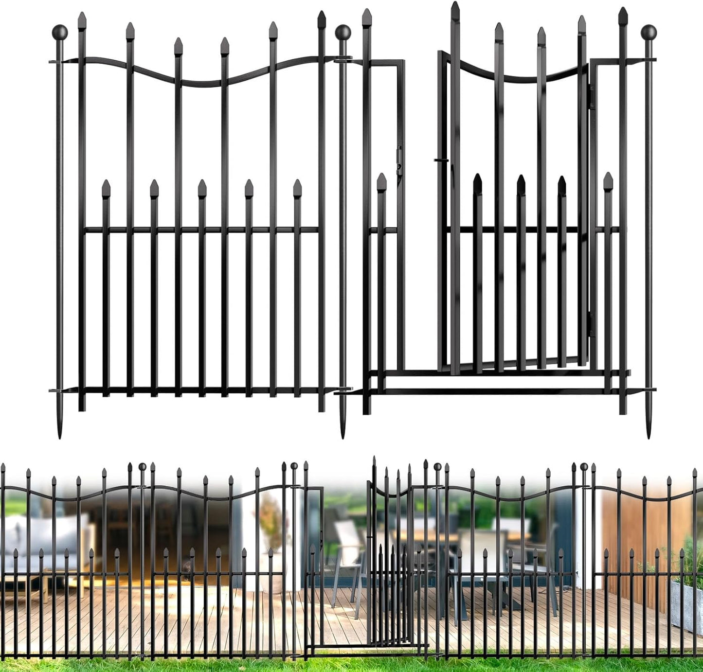 10 Panels No Dig Decorative Garden Fence with Gate, 32in(H) × 22ft(L) Heavy-Duty Rustproof Metal Panels, Outdoor Dog Barrier for Yard & Patio, Landscape, Border| Portable Temporary Fencing