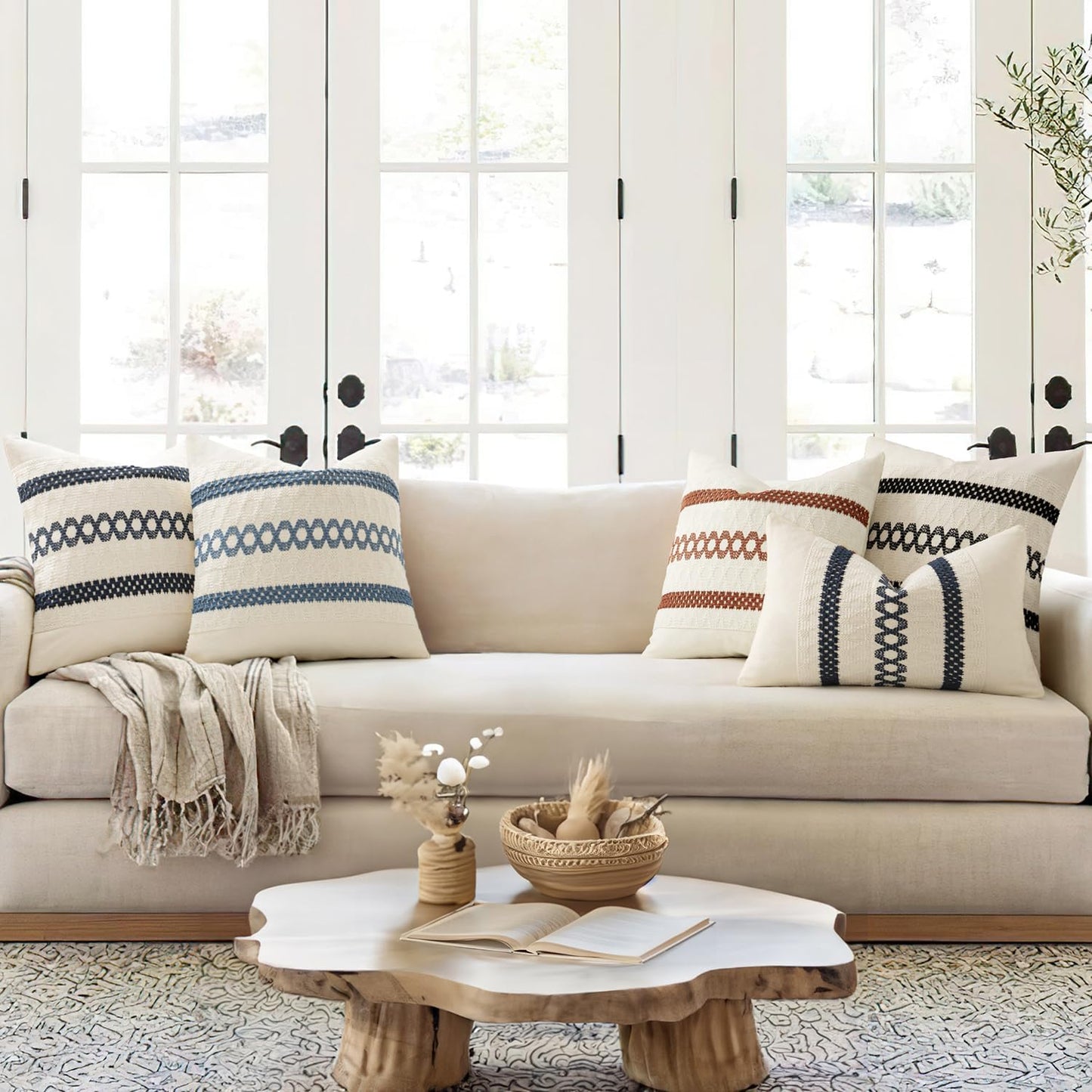 MIULEE Set of 2 Navy Blue Boho Decorative Lumbar Pillow Covers 12x20 Inch Farmhouse Rustic Couch Throw Pillows Modern Cotton Cushion Covers Retro Cute Macrame Woven Home Decor for Bed Sofa Chair