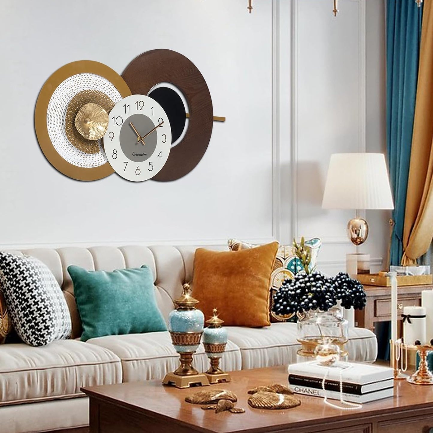 Large Mid Century Wall Clock for Living Room Modern Big Wall Clocks Wood with Metal Battery Operated Wall Clocks Light Luxury Time Clocks Suitable for Home,Bed Room,Kitchen,Office 27X16inch