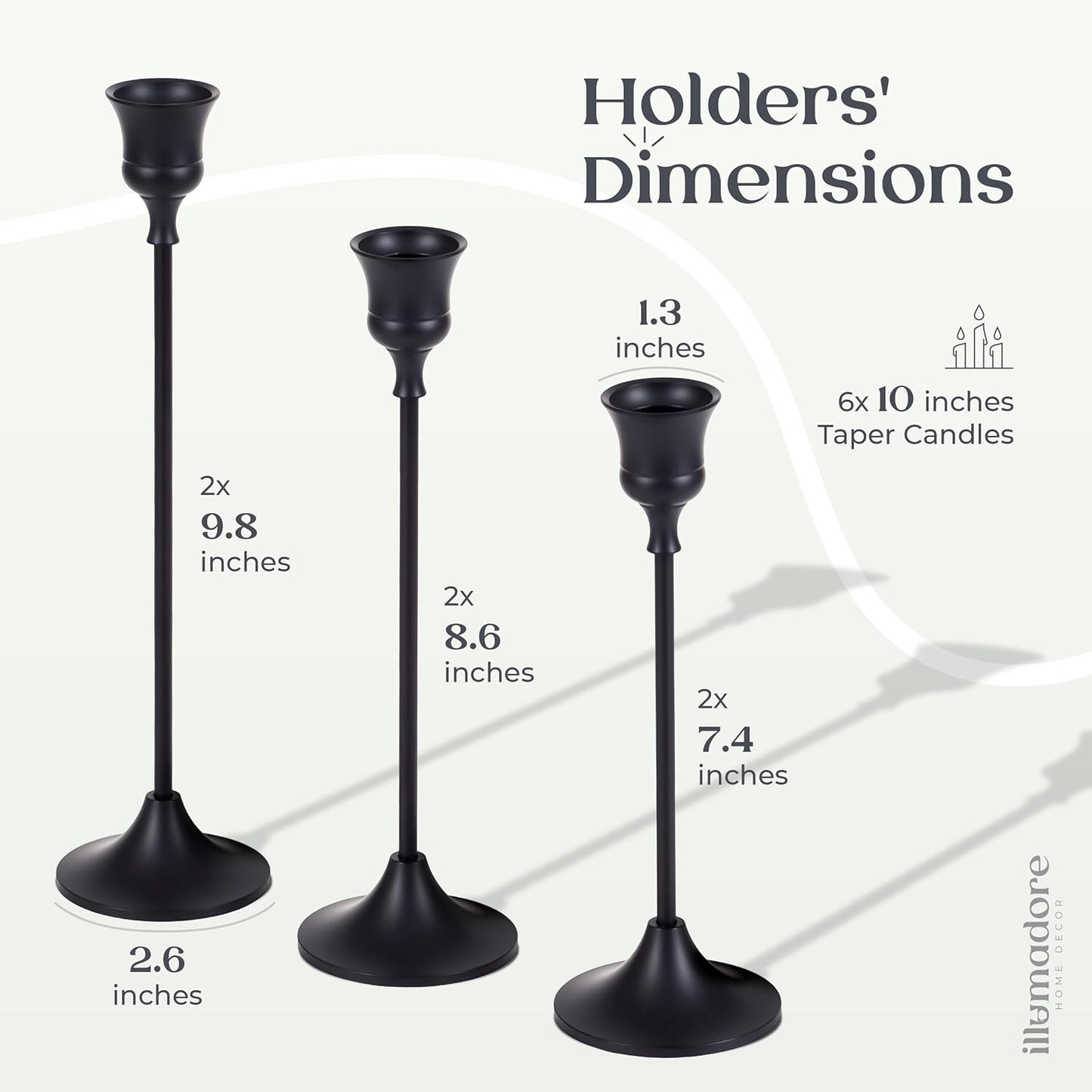 Black Candlestick Holders | Set of 6 | Metal with Matte Finish | 3 Different Sizes | Taper Candles Included | Decorative Centerpiece for Wedding, Christmas, Fireplace Mantel, Dining Table