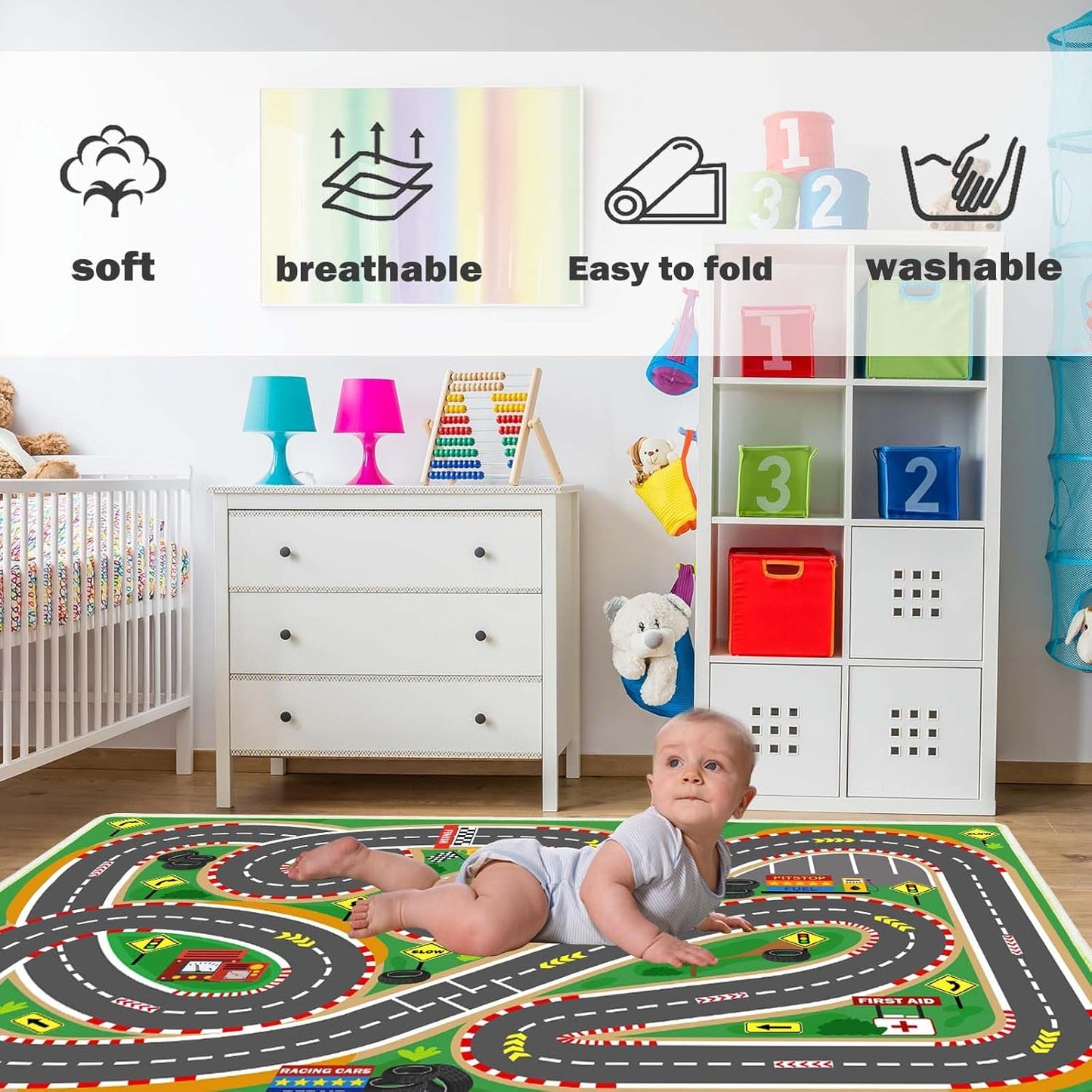 Kids Rug Play mat Playroom Rugs Car Rugs for Kids Toy Cars Race Track for Classroom Rug (Race-Green, 3.3x4.9ft)