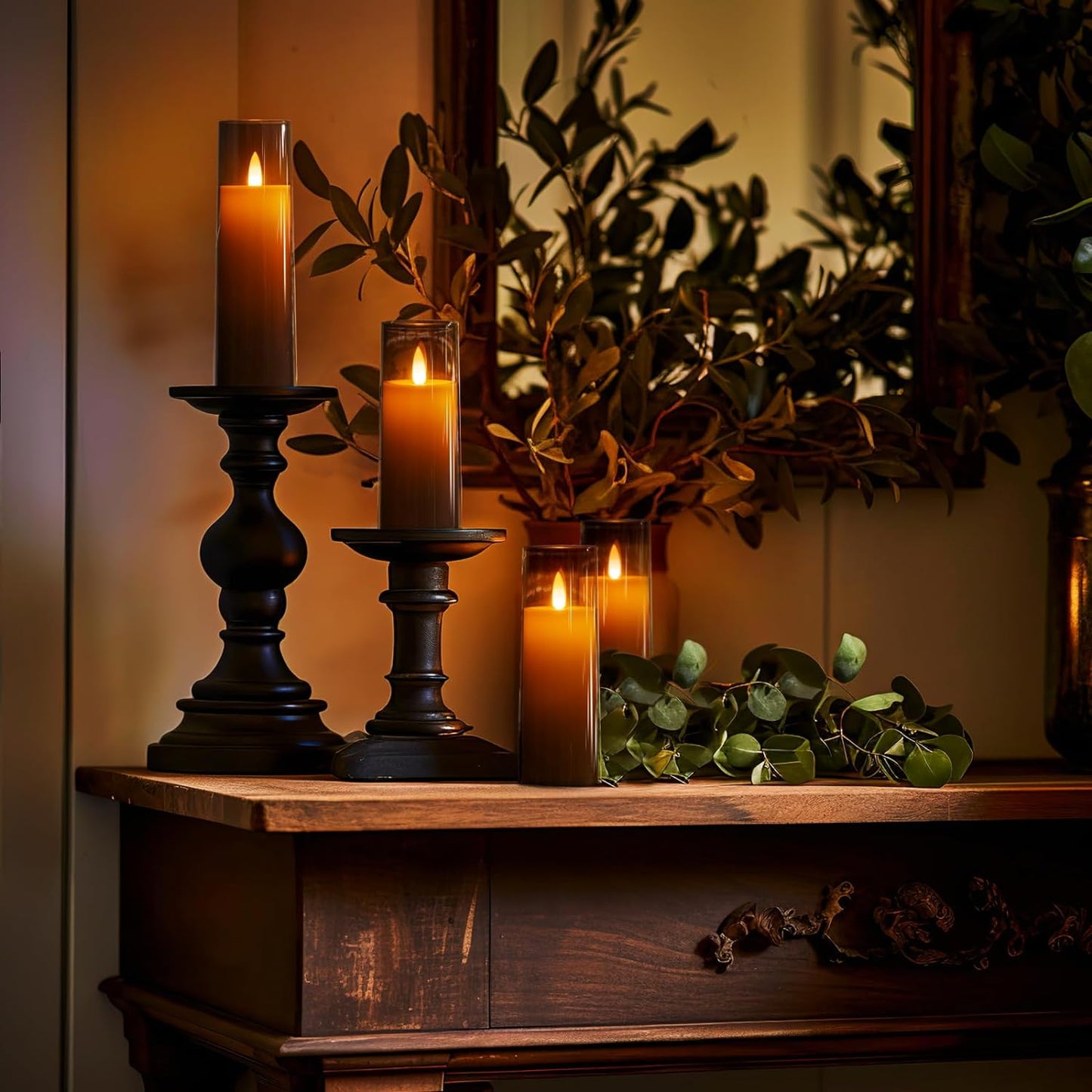 Homemory Decorative Flameless Candles, Battery Operated Candles with Remote & Timer, Flickering Led Pillar Candles, Plexiglass, Grey, Pack of 9, D2.2 xH 5" 6" 7"