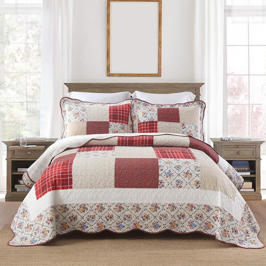 Cotton Bedspread Quilt Bedding Sets 3 Pieces Reversible Coverlet Sets Comforters Vintage Red White Rose Floral Patchwork Bedspread, King Size