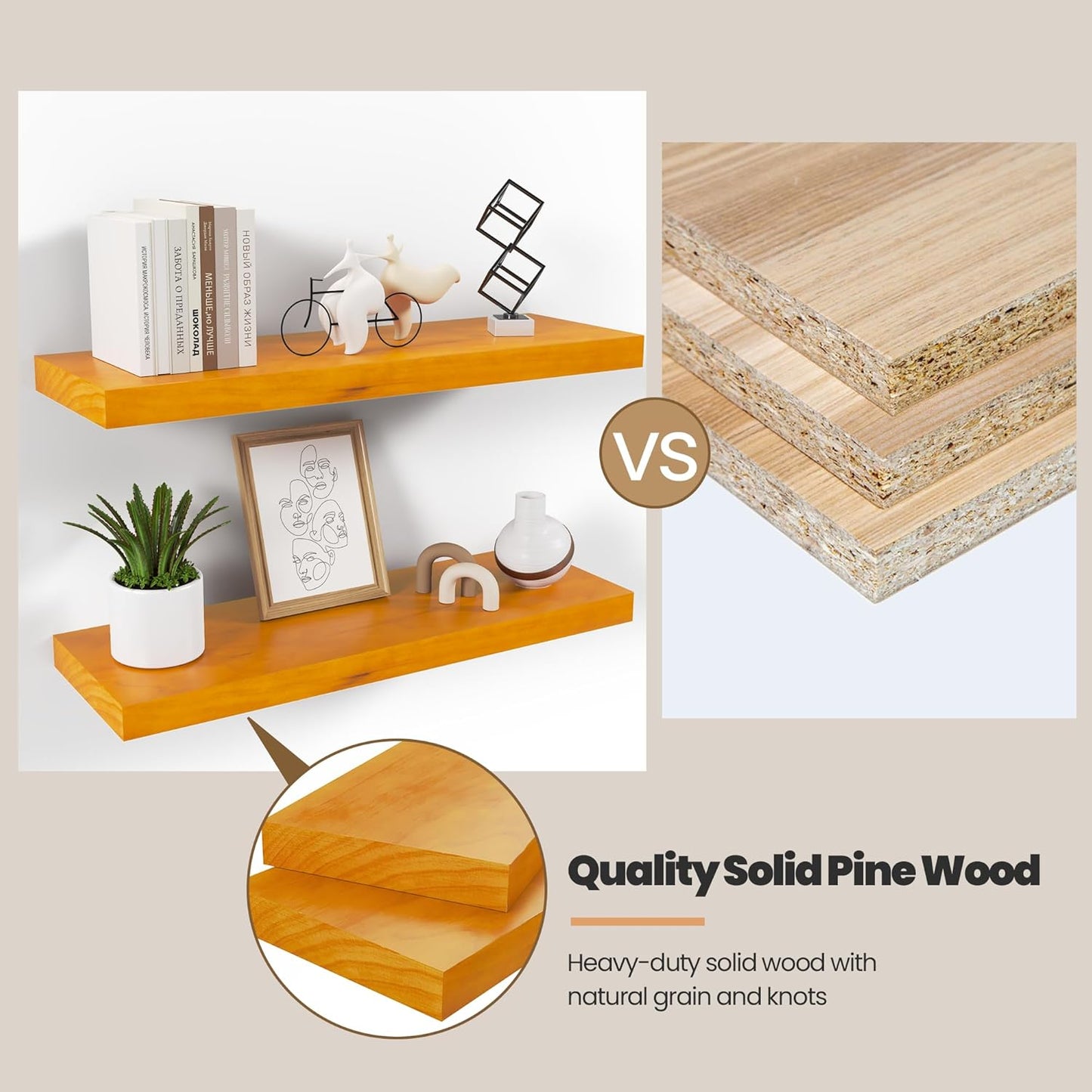 Honey Oak Floating Wall Shelves 16 Inches Long x 8”x 1.4” Shelf Floating Rustic Farmhouse Decor, Heavy Duty Shelf Hold 35 lbs, Wall Shelves for Bathroom Living Room Kitchen Bedroom Office