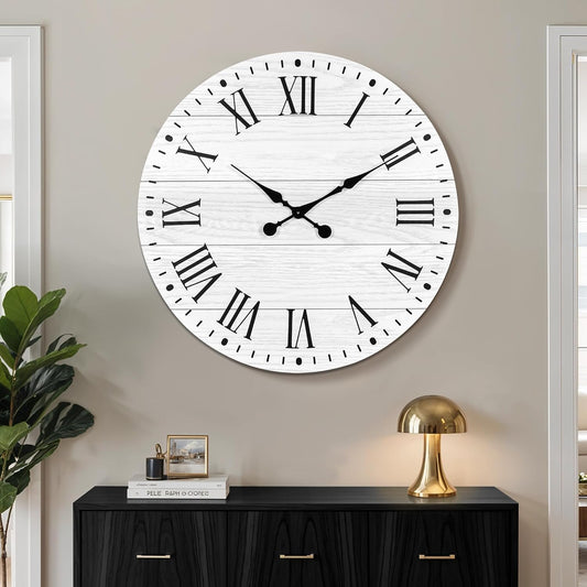 Large Wall Clock with Roman Numeral, 35” Shiplap Wall Clock Farmhouse Nearly Non-Ticking, Round Clock for Living Room Decor, Office, Bedroom, Entrance, White