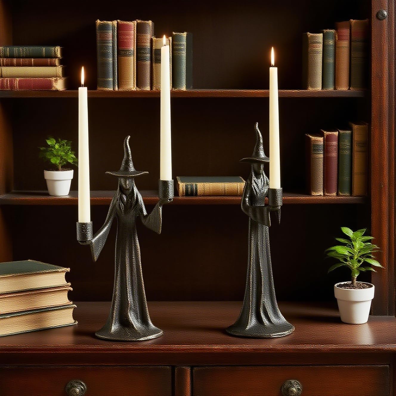 Halloween Witch Candle Holder,Handmade Black Witchs Statue, for Placement in The Table, Witch Halloween Decorations, Window Display