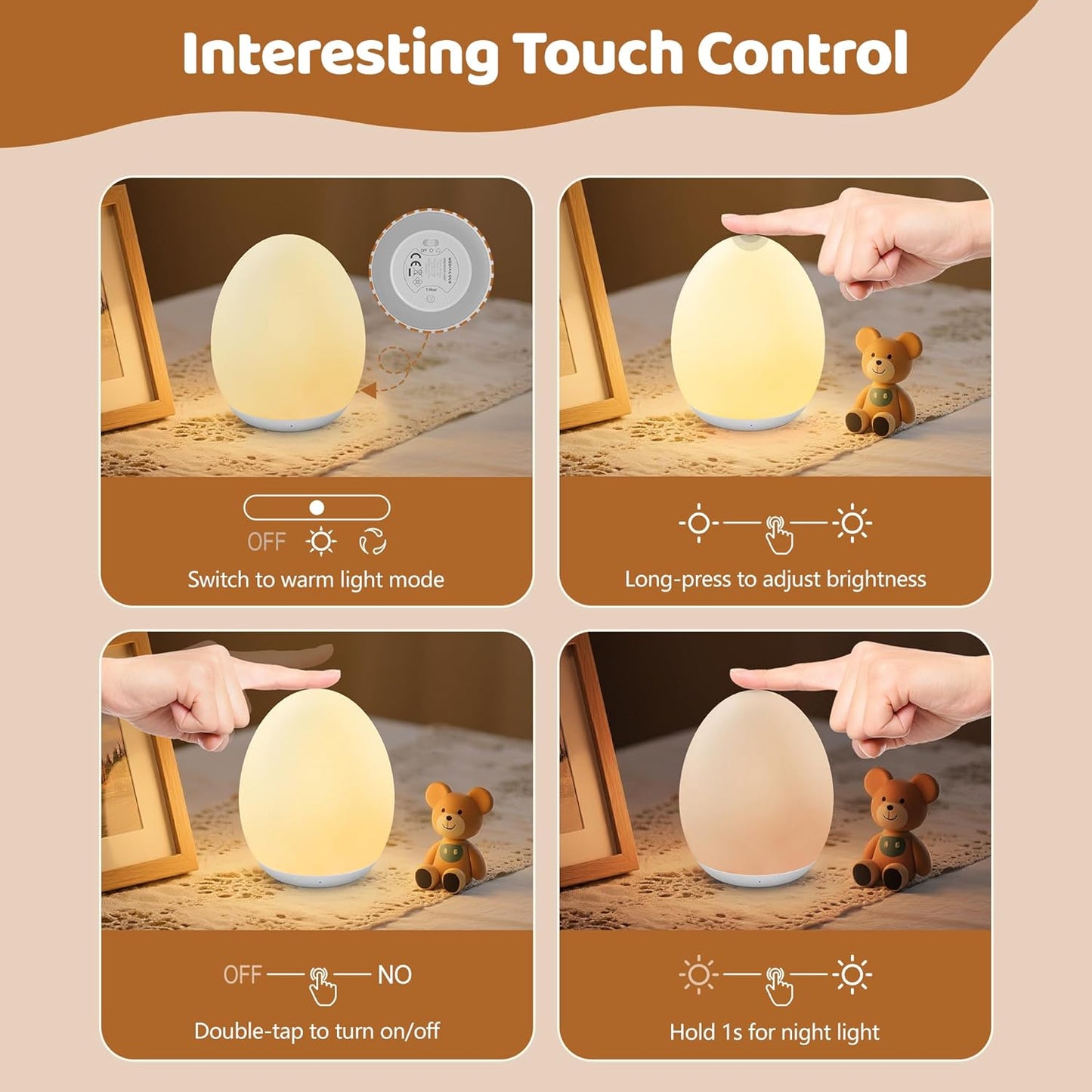 MediAcous Night Light for Kids Baby, Egg Light for Nursery, 7 Colors Changing & Stepless Dimming, Soft Silicone Touch Night Lamp with 1 Hour Timer, Rechargeable Nursery Night for Breastfeeding