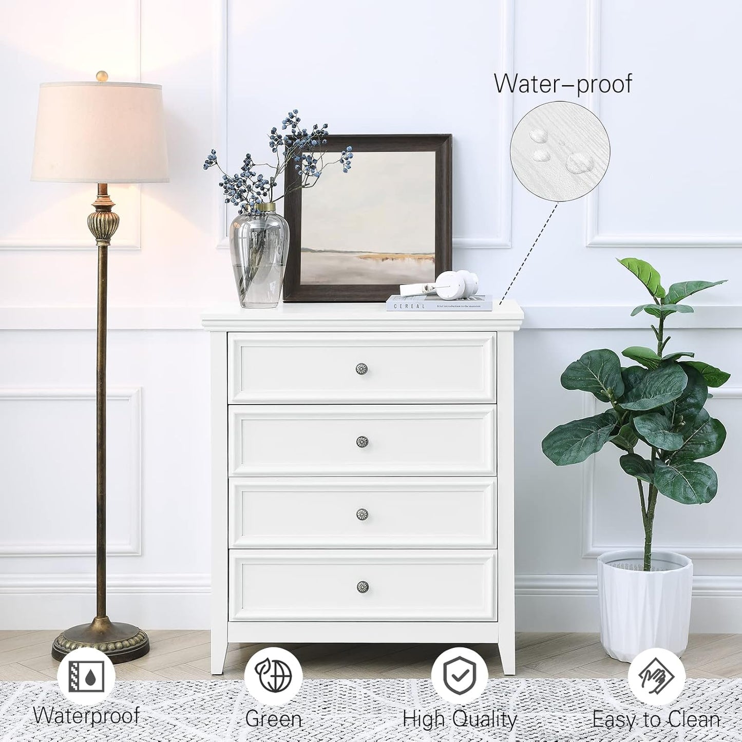 BLANKSPACE White Dresser for Bedroom, 4 Chest of Drawers Modern Wood Nightstand, Tall Clothes Organizer Cabinet for Guest Room, Living Room, Closets, Hallway, Bedroom