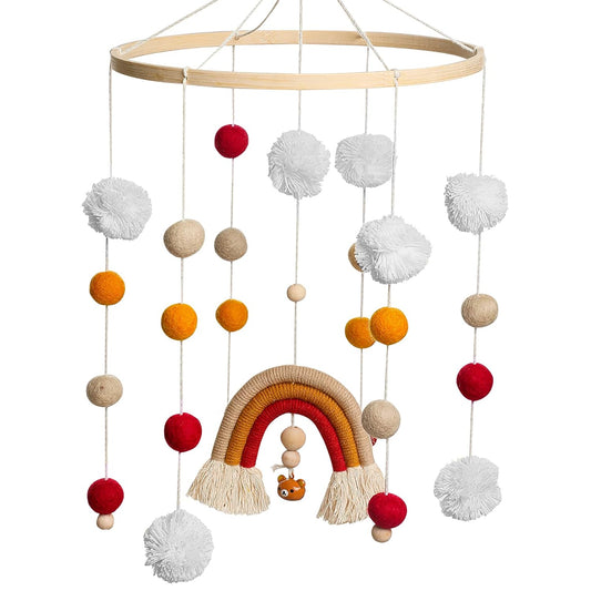 Baby Crib Mobile,Crib Mobile Wooden Mobile with Colorful Cotton Ball Wool Felt Ball Boho Baby Mobile Bassinet Mobile for Crib,Mobile for Baby Nursery and Ceiling Decoration
