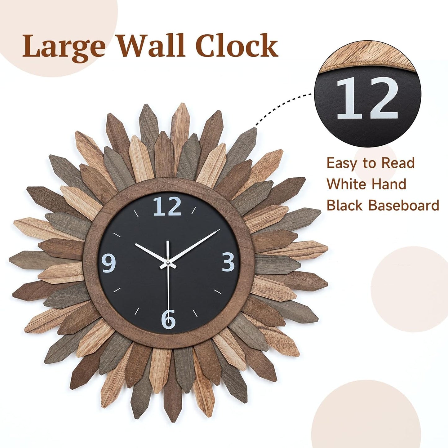 Honiway Large Wall Clock Battery Operated 21 in Rustic Wood Boho Sunburst Decorative Wall Clock Silent Non Ticking Farmhouse Wall Clocks for Living Room Bedroom Kitchen Bathroom Decor (Tricolor)