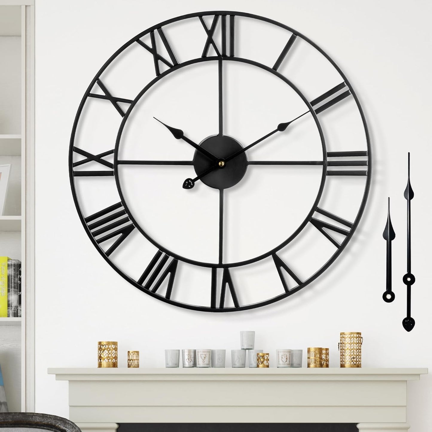 1st owned Large Wall Clock for Living Room Decor Silent Non-Ticking Decorative Wall Clock Roman Numerals Vintage Battery Operated (Black, 32 Inches)