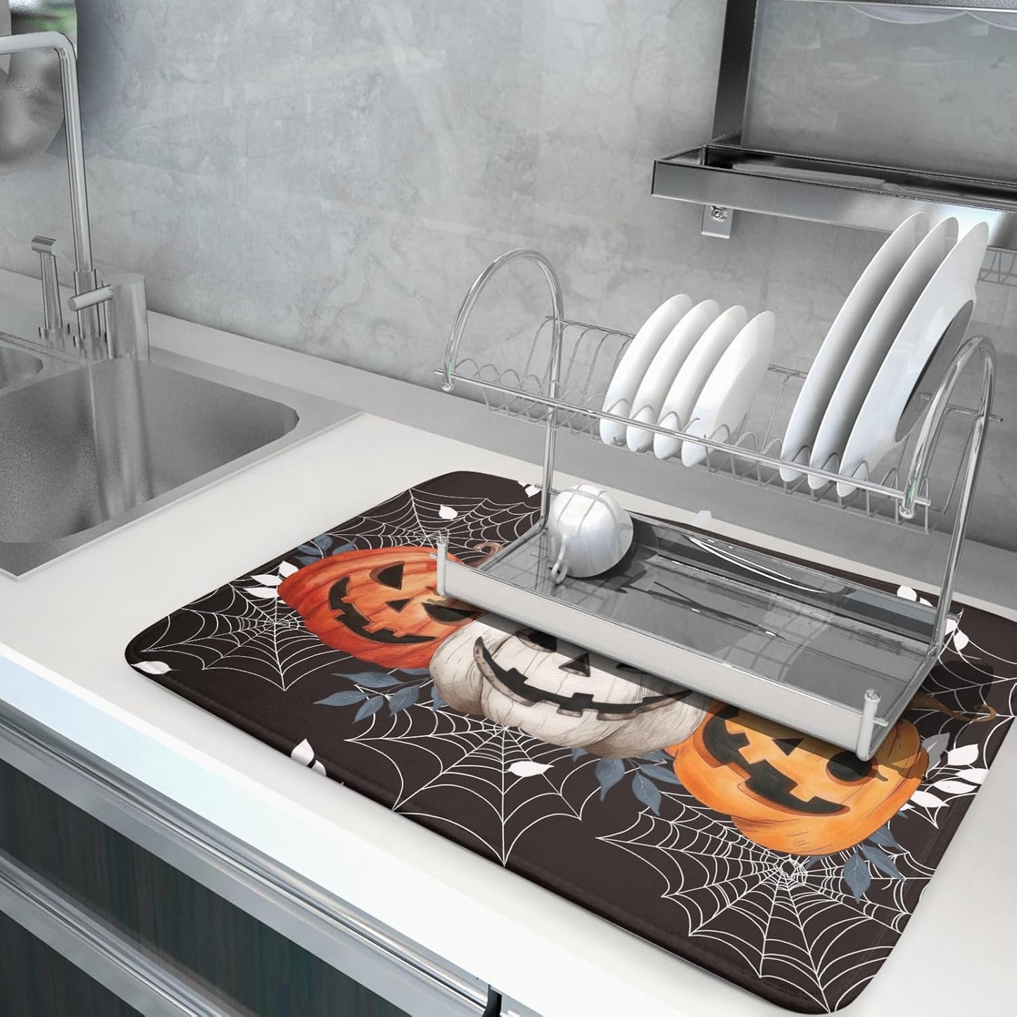 Halloween Dish Drying Mat for Kitchen Counter Spooky Pumpkins Spiderweb Super Absorbent Reversible Microfiber Kitchen Countertop Protector Dishes Pad Large 18x24 inch