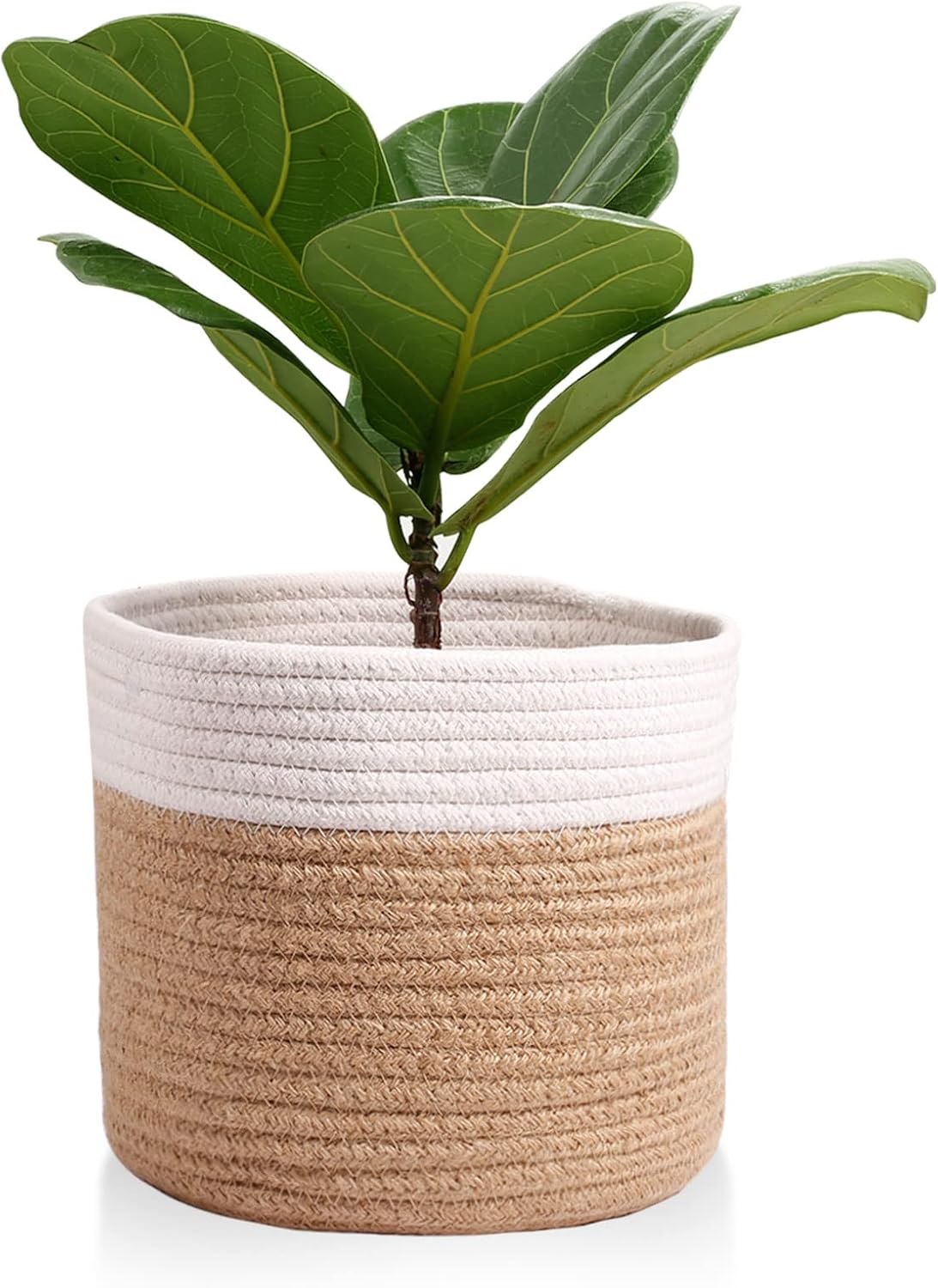 11" Cotton Rope Plant Basket Modern Woven Baskets for 10" Flower Pot Floor Indoor Planters,Storage Organizer Baskets Home Decor,Brown White 11"x 11"