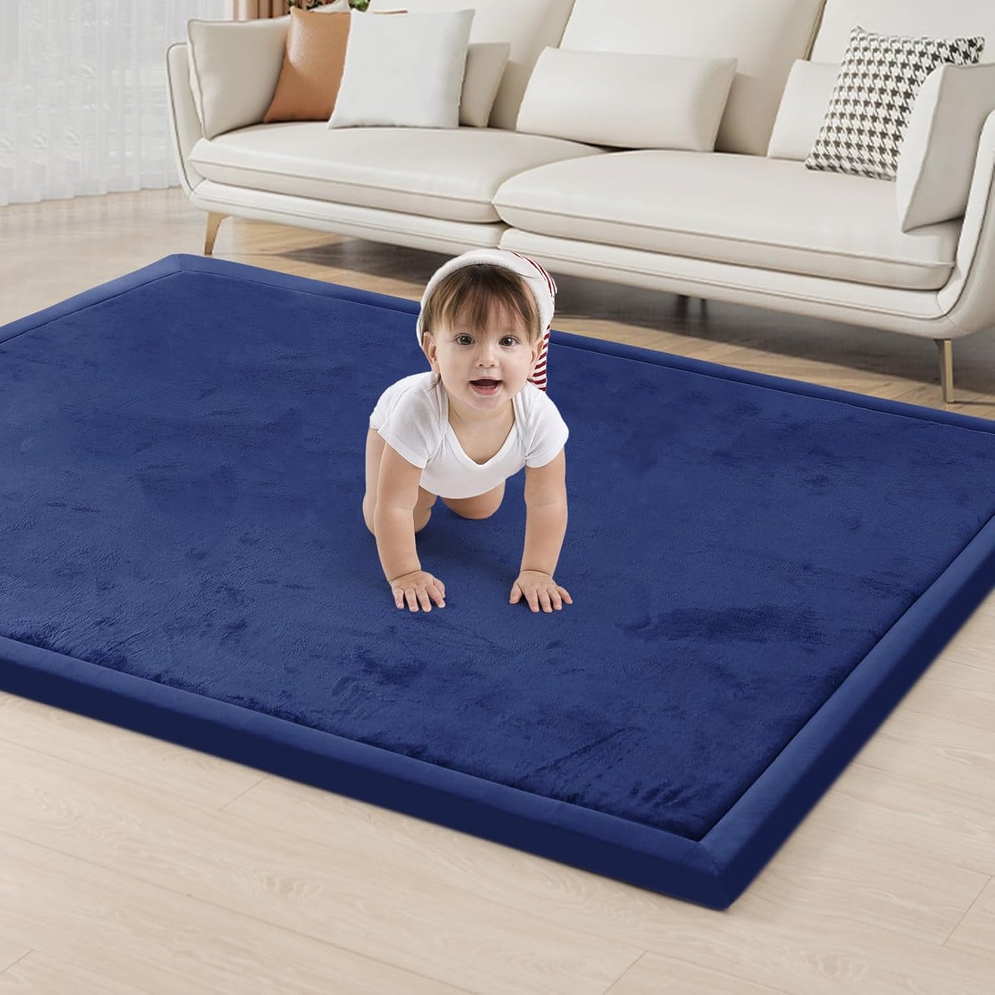 ACOMOPACK Baby Play Mat for Floor 1.3" Thick Memory Foam Play Mat 39"×59" Tummy Time Crawling with Non-Slip Bottom for Living Room,Nursery,Soft Velvet Playpen Mats for Kids,Infants（Royal Blue）