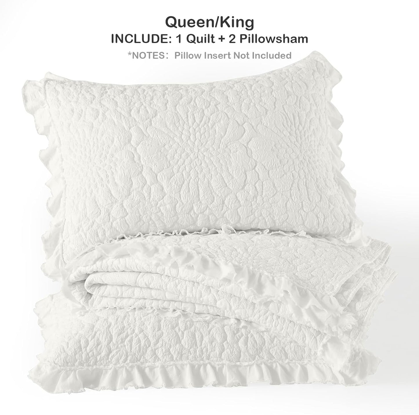 HORIMOTE HOME Cream White Ruffled Quilt Queen Size, Stone-Washed Microfiber Lightweight Crinkled Farmhouse Shabby Chic Bedding Set, 3 Pieces Reversible Bedspread with Pillow Sham for All Season
