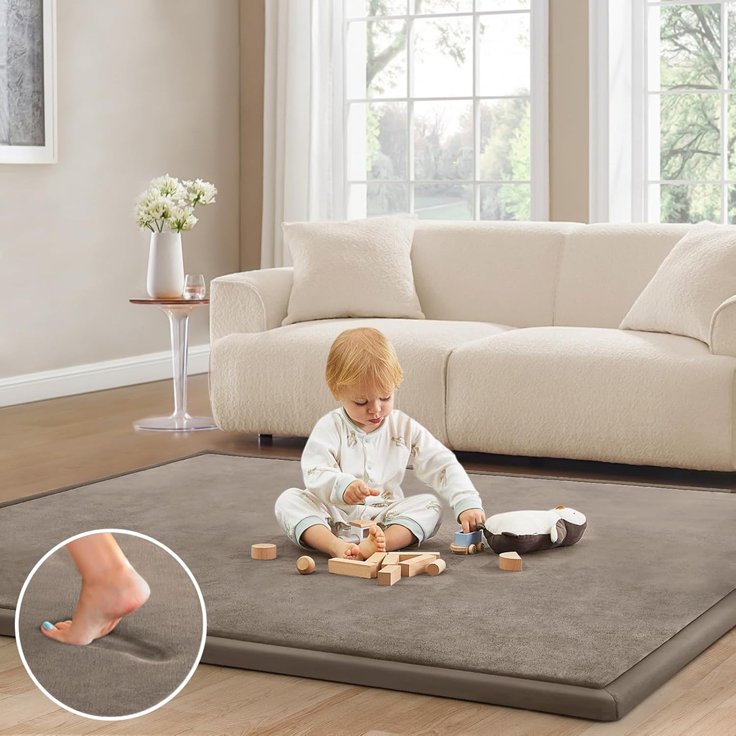 Baby Play Mat for Floor Tummy Time Mat Nursery Rug Muscle Mat Area Rug Playroom Rug Tatami Mat 6'7"x5'11" Memory Foam 1.3" Thick Crawling Mat For Babies,Toddlers, Infants, Kids,Floor Mat(Brown)