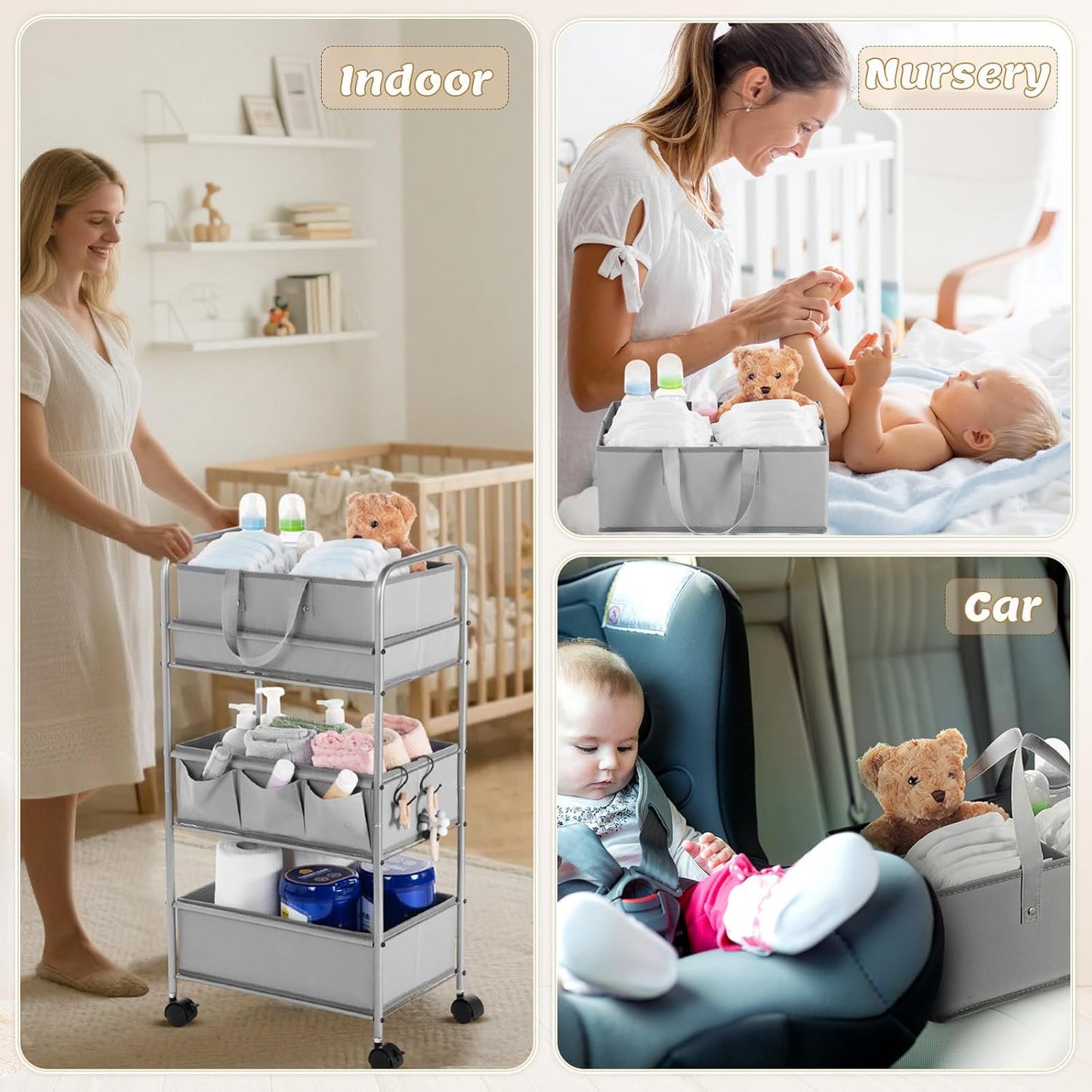 Honeydak 2in1 Baby Diaper Caddy Organizer Cart 3 Tier Large Capacity Metal Utility Bedside Rolling Cart with Divider for Newborn Nursery Essential Must Have for Crib Bedroom Baby Shower(Gray)