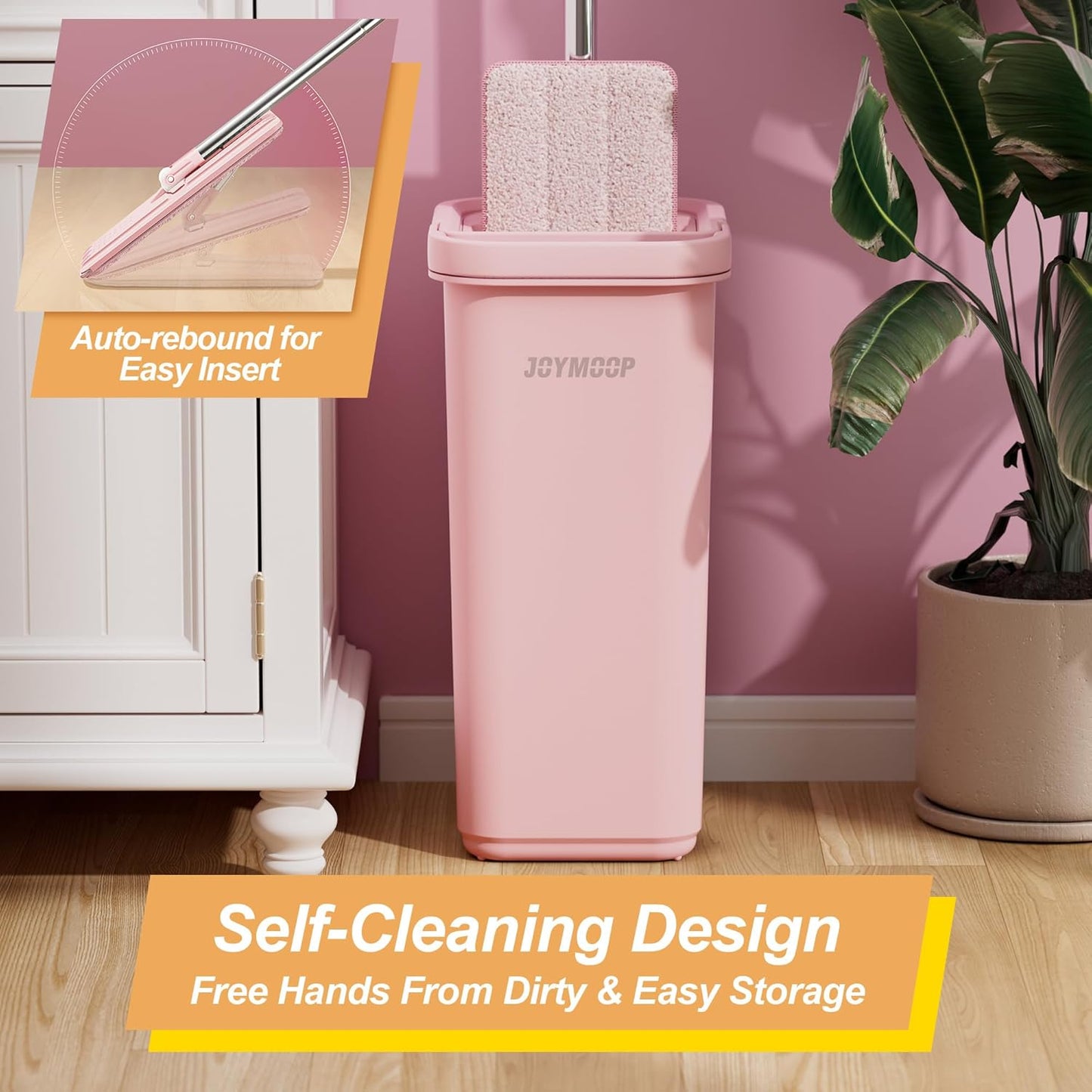 JOYMOOP Pink Mop and Bucket with Wringer Set for Home, with 5 Reusable Microfiber Mop Pads, Hands-Free Self-Cleaning System, Suitable for Floor Cleaning and Wall Cleaner