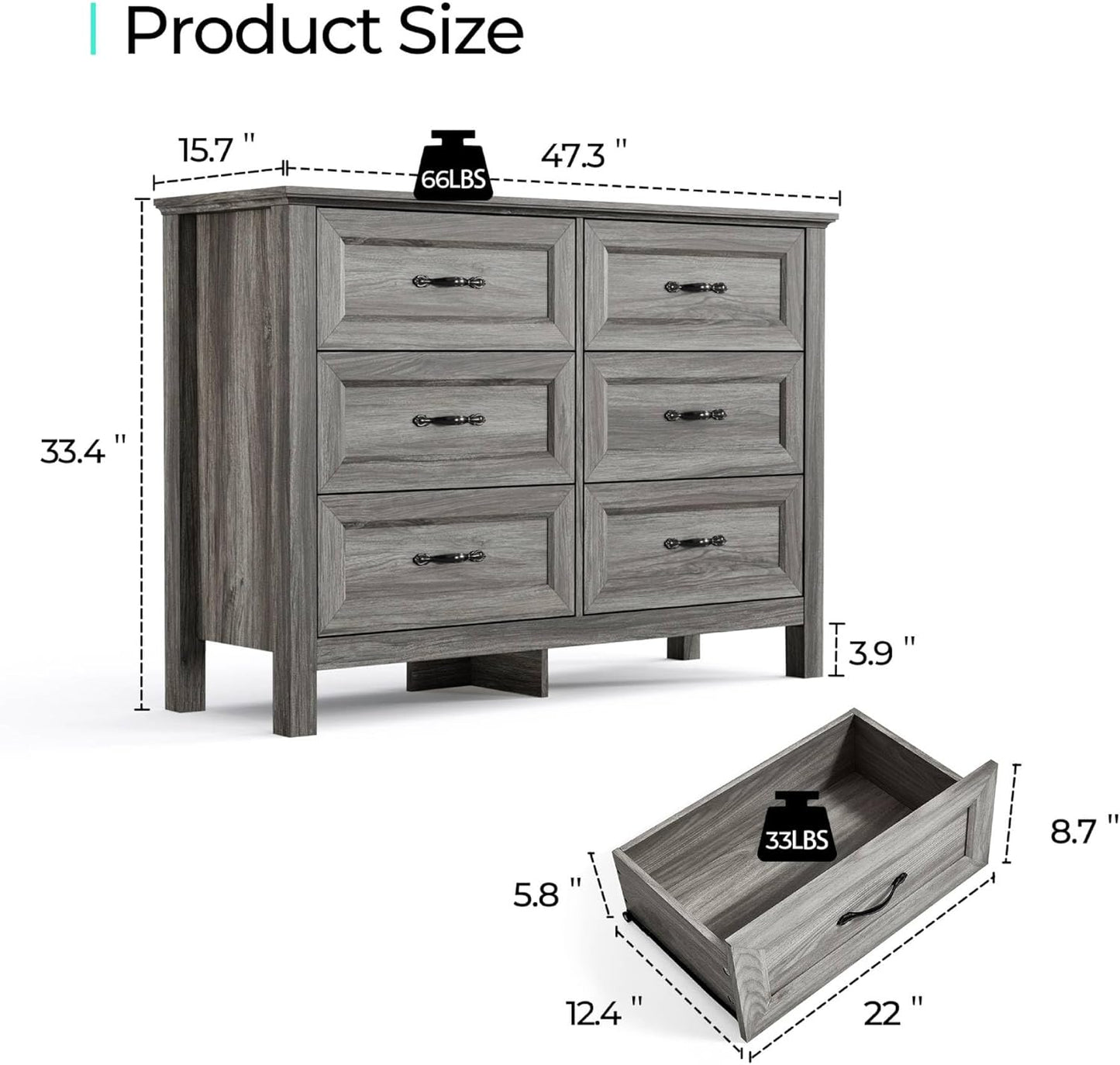 LINSY HOME Farmhouse 6-Drawer Dresser - Grey Chest of Drawers for Bedroom and Living Room Organization, Wood Dresser with Ample Storage Space and Rustic Charm