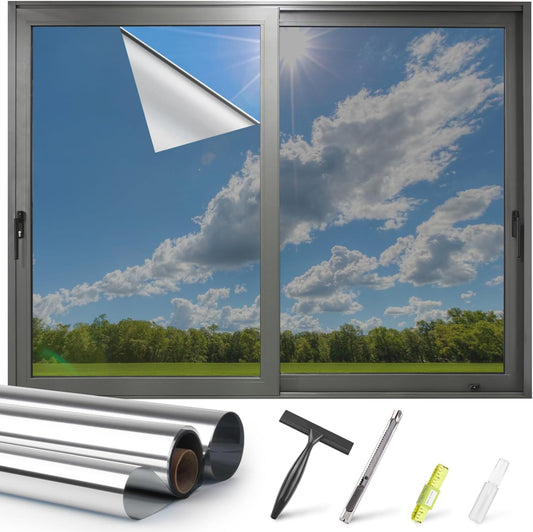 Kromapolis One Way Window Privacy Film Reflective Mirror Home Window Tint, Daytime Privacy Heat Control Anti UV Glass Tinting Static Cling (Silver, 45.2 x 393.7 inch)