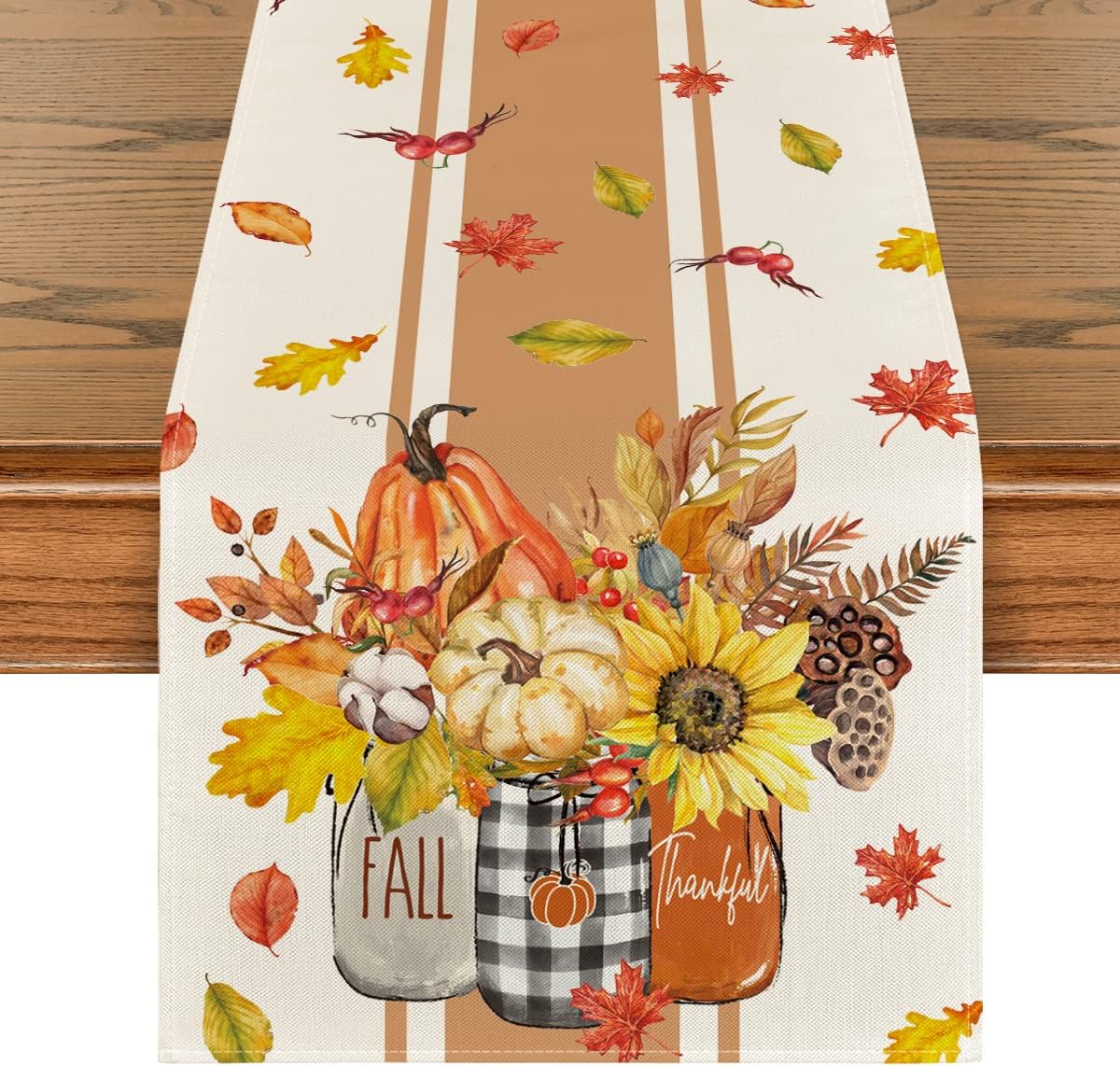 Artoid Mode Thankful Fall Pumpkin Leaves Floral Vases Table Runner, Autumn Thanksgiving Kitchen Dining Table Decoration for Home Party Decor 13x72 Inch