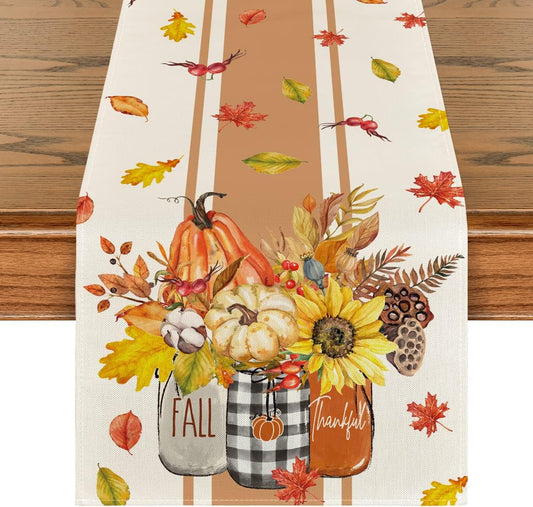 Artoid Mode Thankful Fall Pumpkin Leaves Floral Vases Table Runner, Autumn Thanksgiving Kitchen Dining Table Decoration for Home Party Decor 13x108 Inch