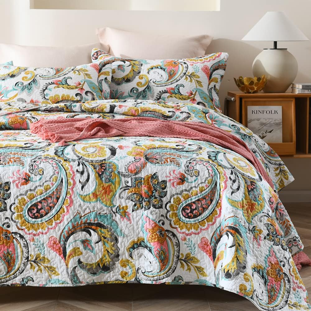 Autumn Dream Cotton Bedspread Quilt Sets, 3 Pieces Reversible Comforter Coverlet Sets,White Floral Paisley,King Size