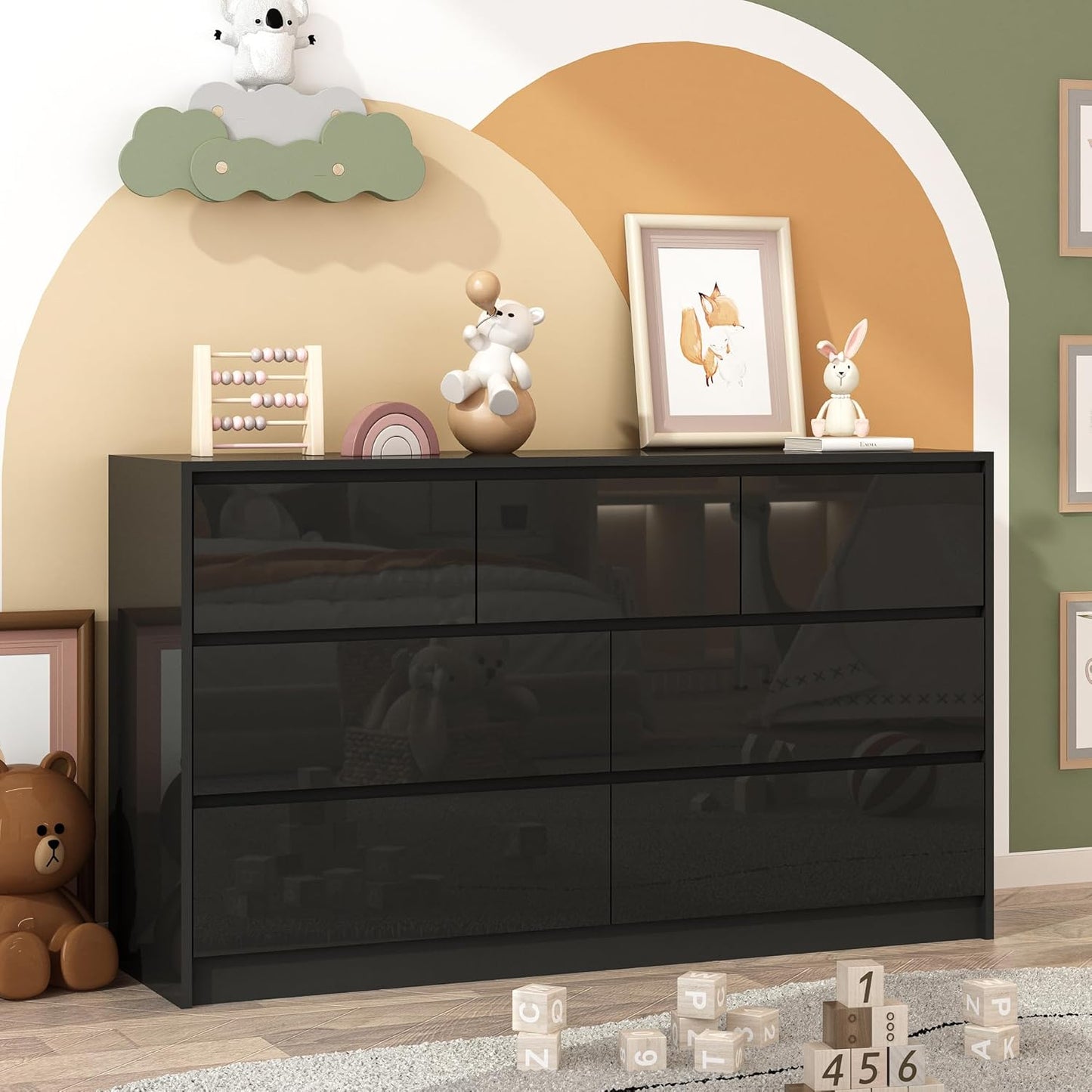 Black Malm Dresser for Bedroom, 55 Inch Long High Gloss Dresser with 7 Drawers, Modern Large Wood Chest of Drawer Handle Free, Living Room, Entryway, Hallway, Black