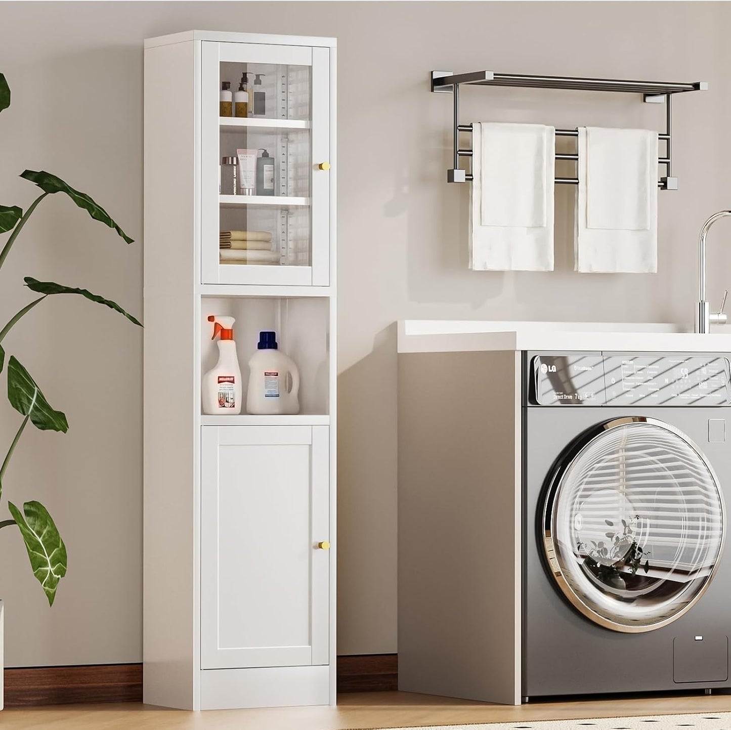 67" Tall Bathroom Storage Cabinet, Narrow Metal Floor Cabinet with Glass Door and Adjustable Shelves, Freestanding Metal Locker for Laundry, Kitchen, Dining Room