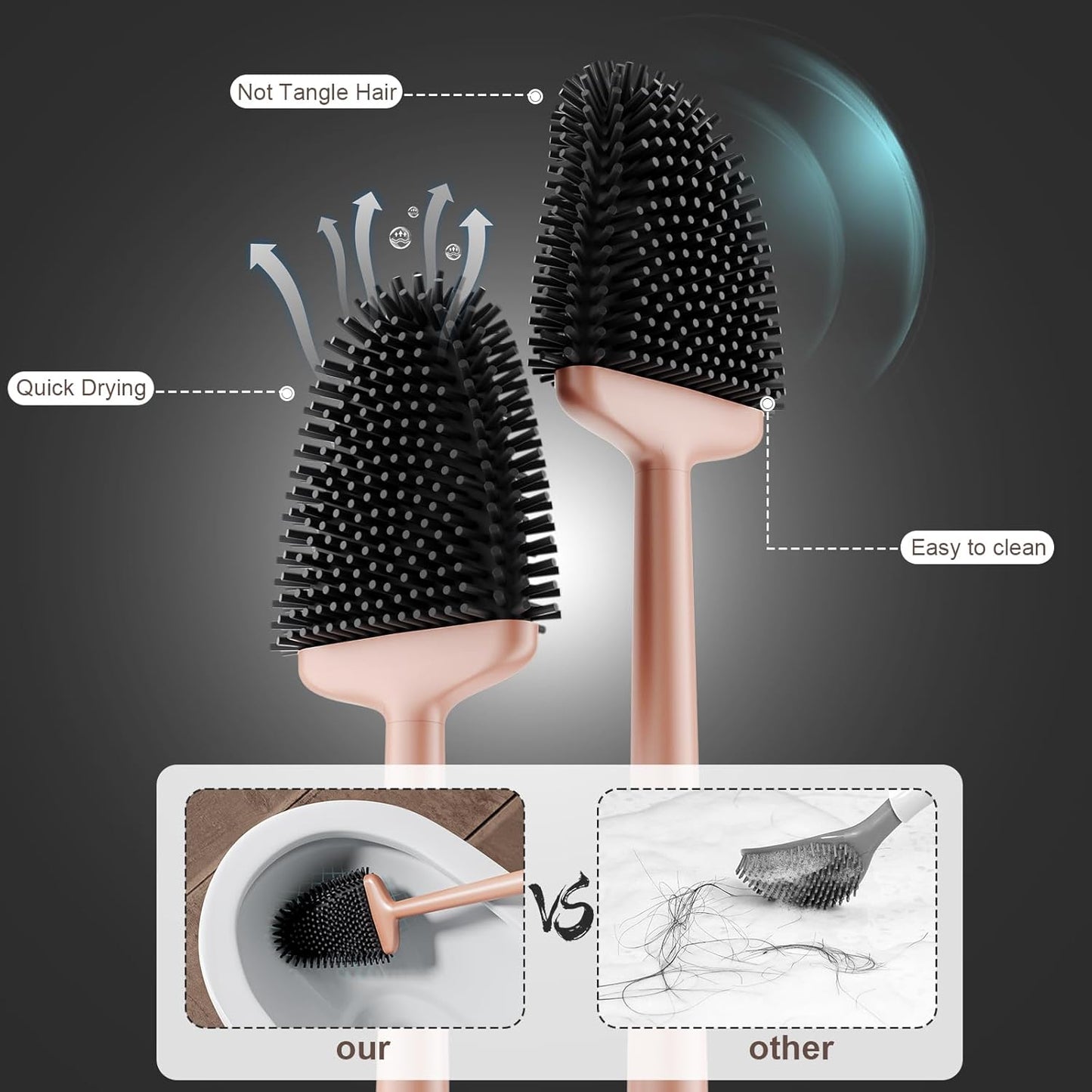 Sellemer Toilet Brush and Holder Set - Flexible Toilet Bowl Brush Head with Silicone Bristles, Compact Size for Storage and Organization, Ventilation Slots Base (1 Pack, Rose Gold)