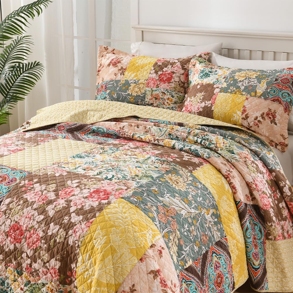 Autumn Dream Cotton Bedspread Quilt Sets Reversible Bedding Coverlet Sets, Luxury Vintage Floral Patchwork Yellow Bedspread, King Size