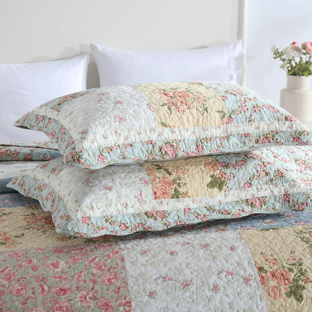 Cotton Bedspread Quilt Bedding Sets 3 Pieces Reversible Coverlet Sets Comforters Green Rose Floral Patchwork Bedspread, Queen Size