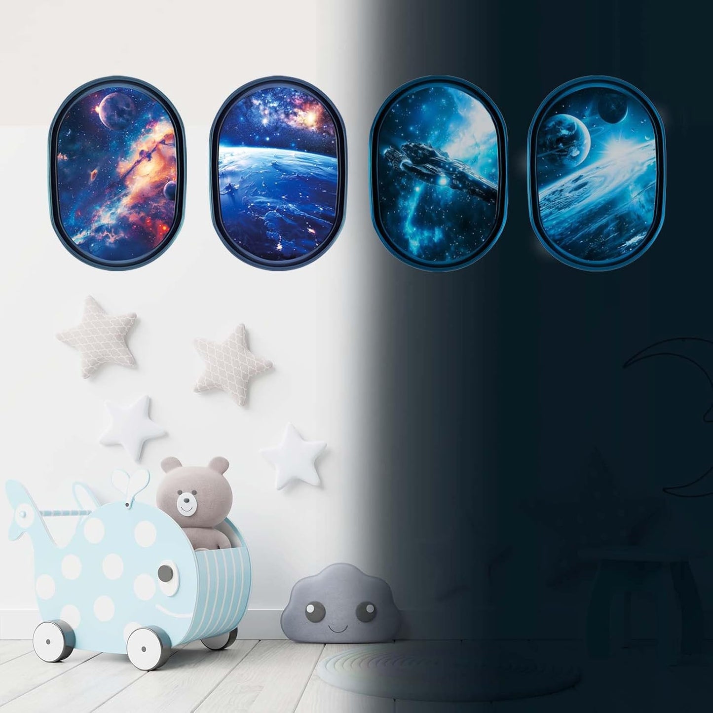SNAIL GARDEN 4 Pcs Luminous Universe Galaxy Space Wall Stickers,Glow in The Dark Wall Decals,Self-Adhesion Space Themed Wall Decor,3D Ceiling Glow in The Dark Decorations(Blue Light)