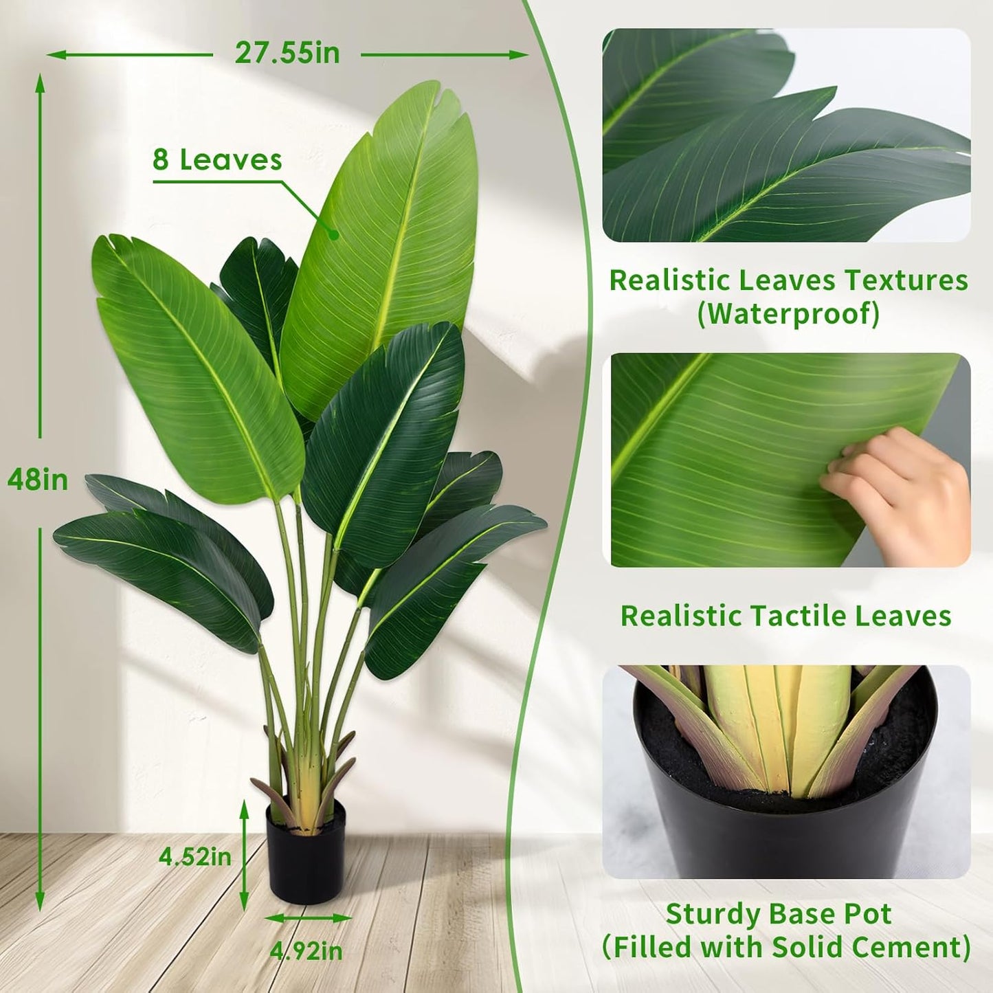 Artificial Bird of Paradise Plant 4Ft Fake Tropical Palm Tree with 8Trunks Faux Banana Leaf Trees in Pot for Home Indoor Outdoor Office Modern Decor Housewarming Gift（1Pcs）