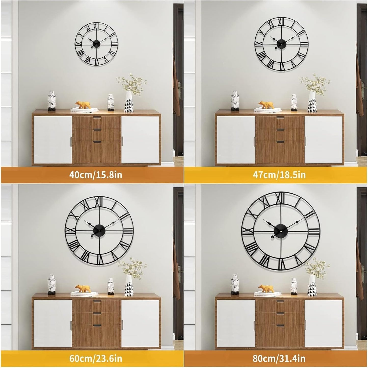 1st owned Large Wall Clock Silent Non-Ticking Roman Numerals Vintage Battery Operated (24 inch,18inch,16inch) Farmhouse Wall Clock for Living Room, Bedroom, Kitchen, Cafe Decor-Black 40CM