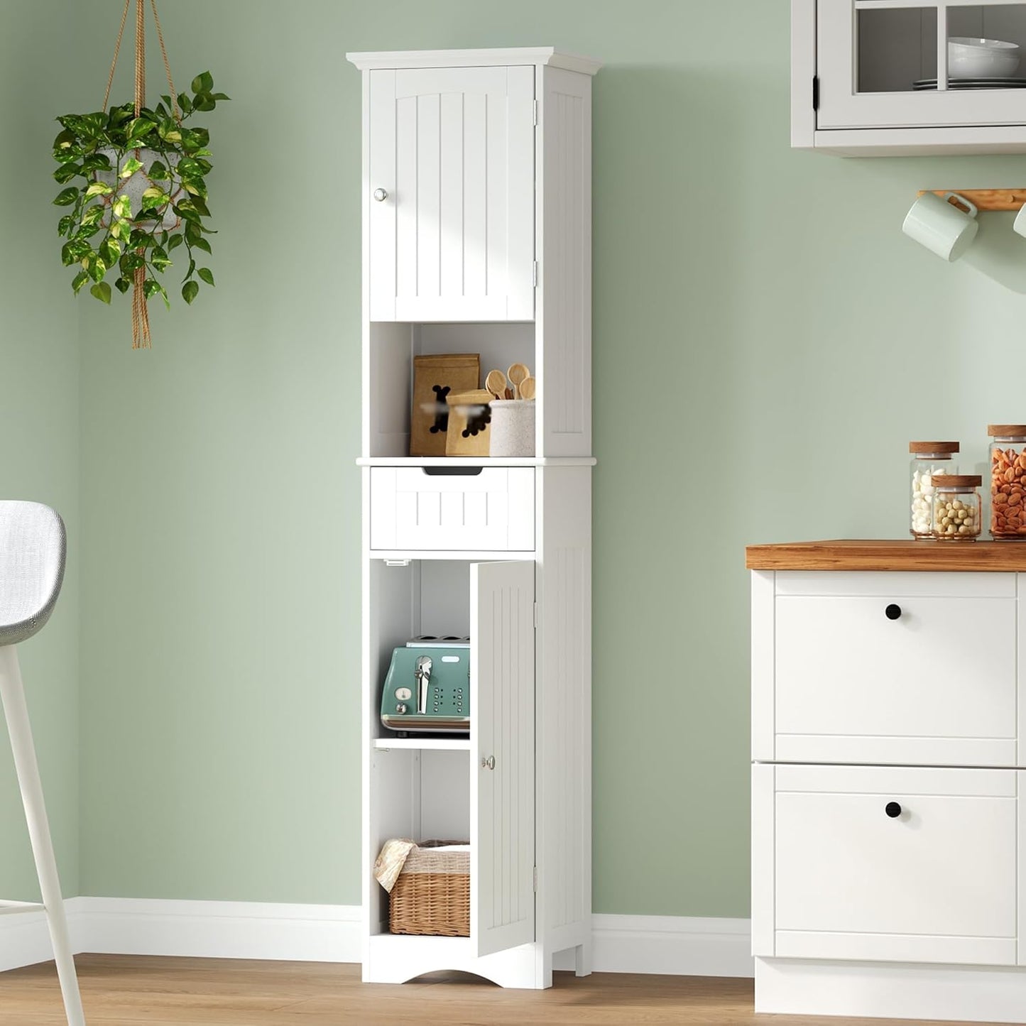 ChooChoo 67" Tall Bathroom Storage Cabinet Freestanding with Adjustable Shelves, Narrow Storage Linen Cabinet with 2 Doors and 1 Drawers for Bathroom, Living Room, Kitchen, White