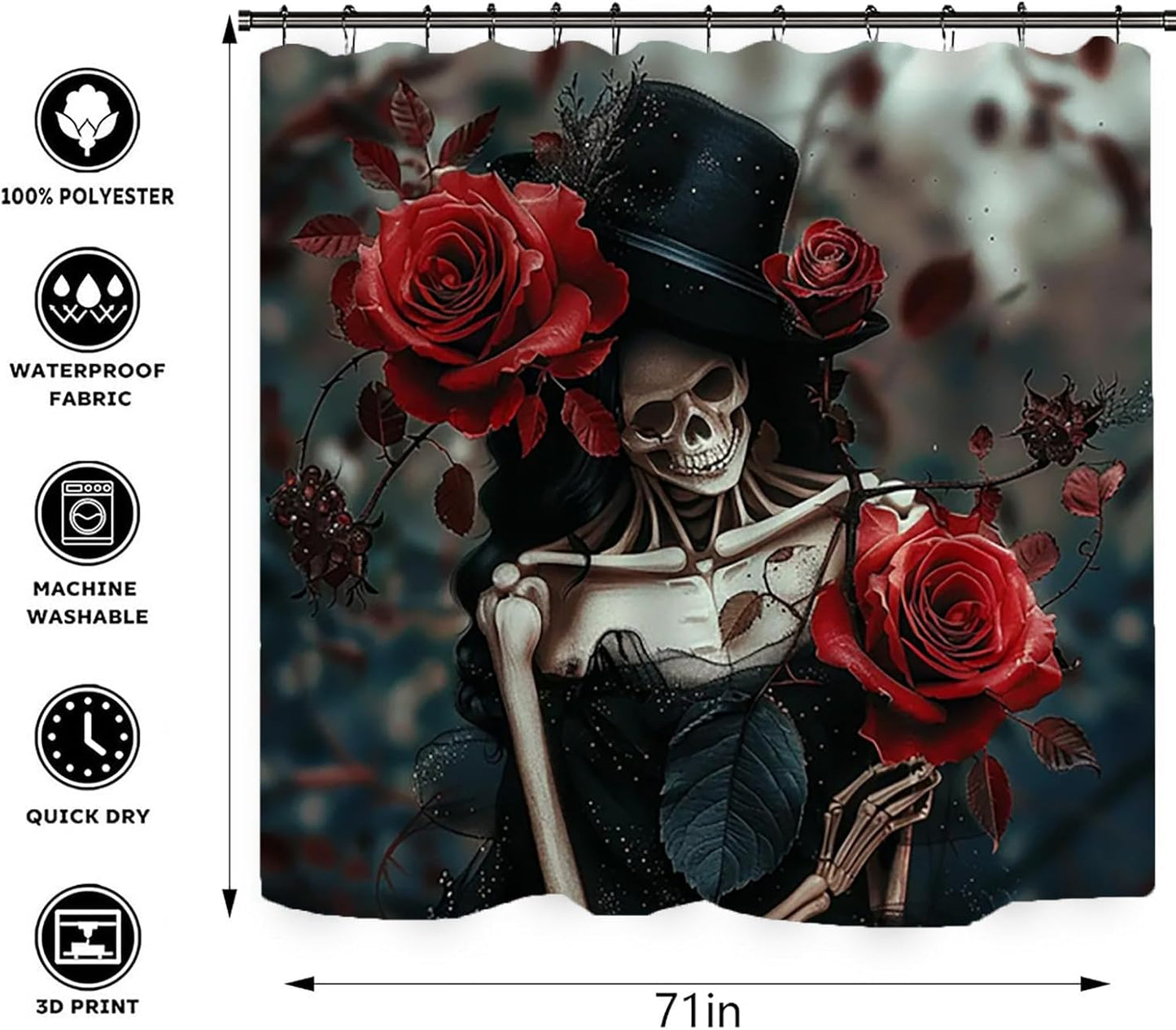 NEWSUYAA Halloween Decorations Shower Curtain Set with Non-Slip Rugs and Bath Mats,Black Skull Skeleton Bathtub Curtains with 12 Hooks,All Saints'Day (Nov 1st) Bathroom Decor