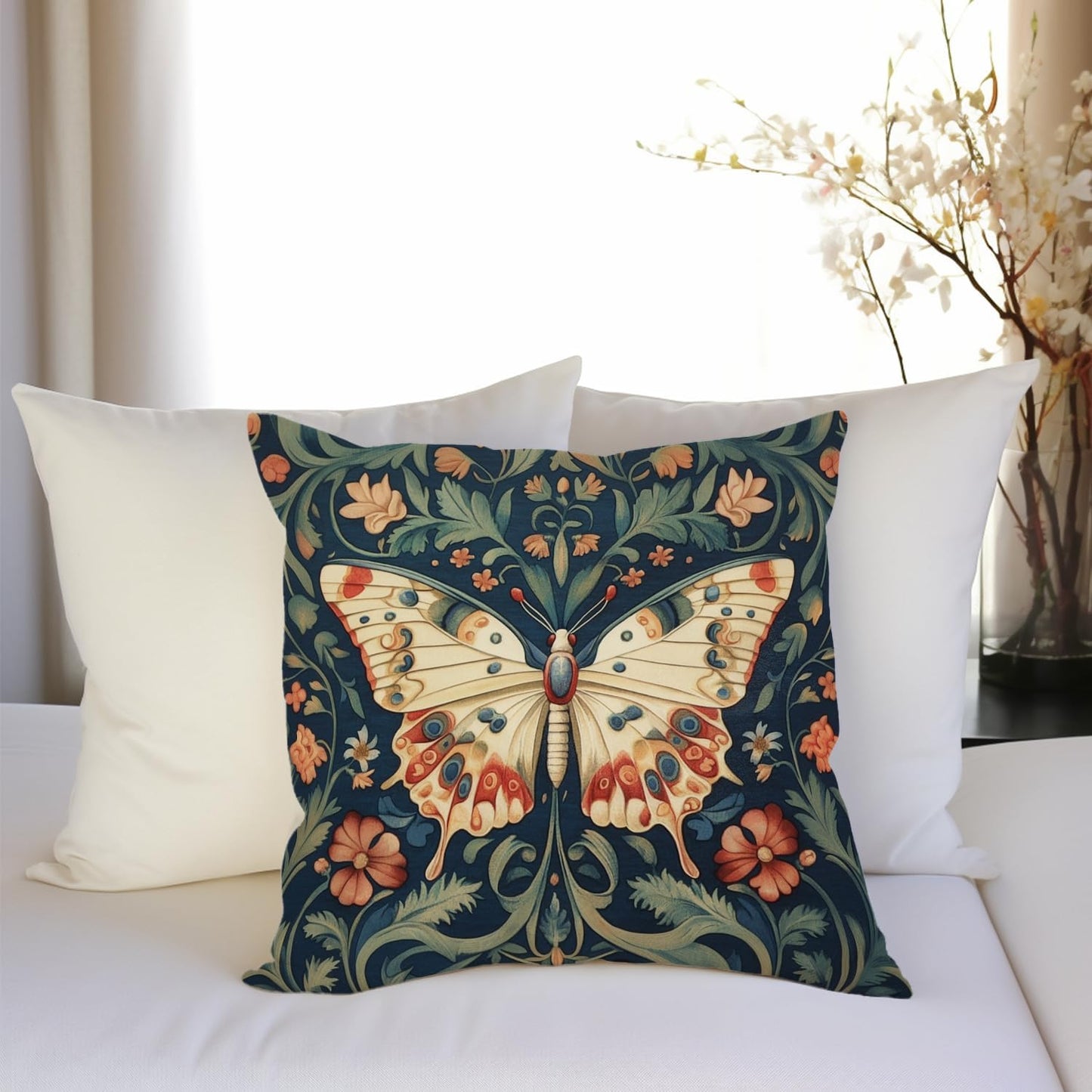 William Morris Abstract Vintage Floral Velvet Butterfly Design Throw Pillow Covers Home Decor, Retro Art Deco Pillowcase Cushion Cover for Bed Sofa Living Room, Square 18x18inch (Beige-Butterfly)