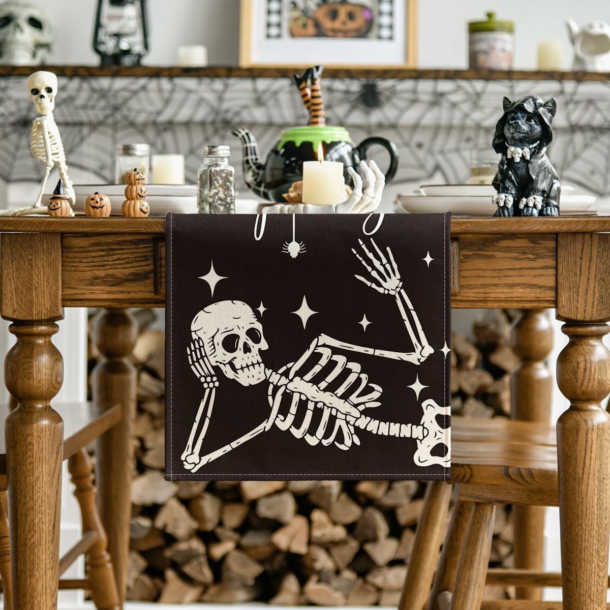 Artoid Mode Spooky Skeleton Spider Bone Halloween Table Runner, Holiday Kitchen Dining Table Decoration for Home Party Decor 13 x 120 Inch
